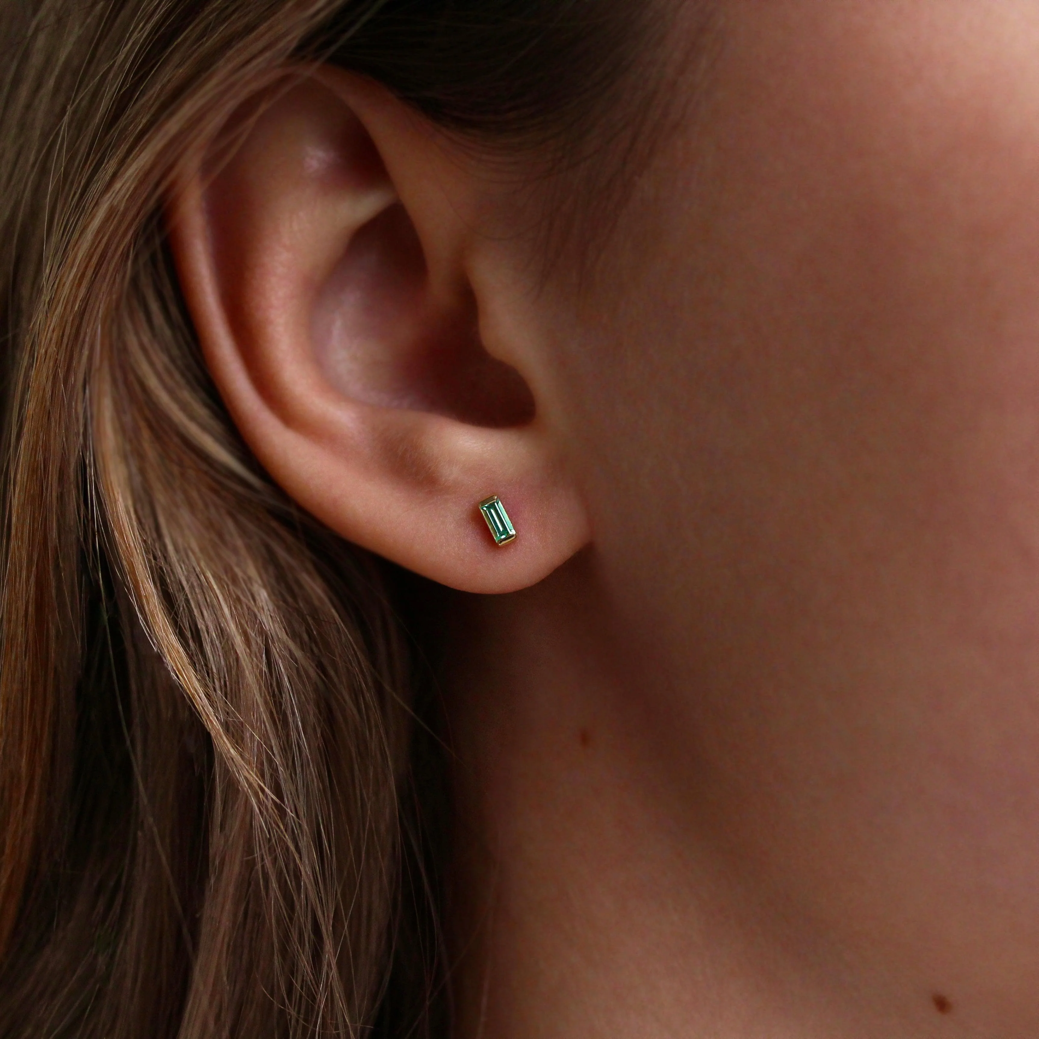 The March Baguette Birthstone Earrings with Aqua Spinel in Yellow Gold - Image 2