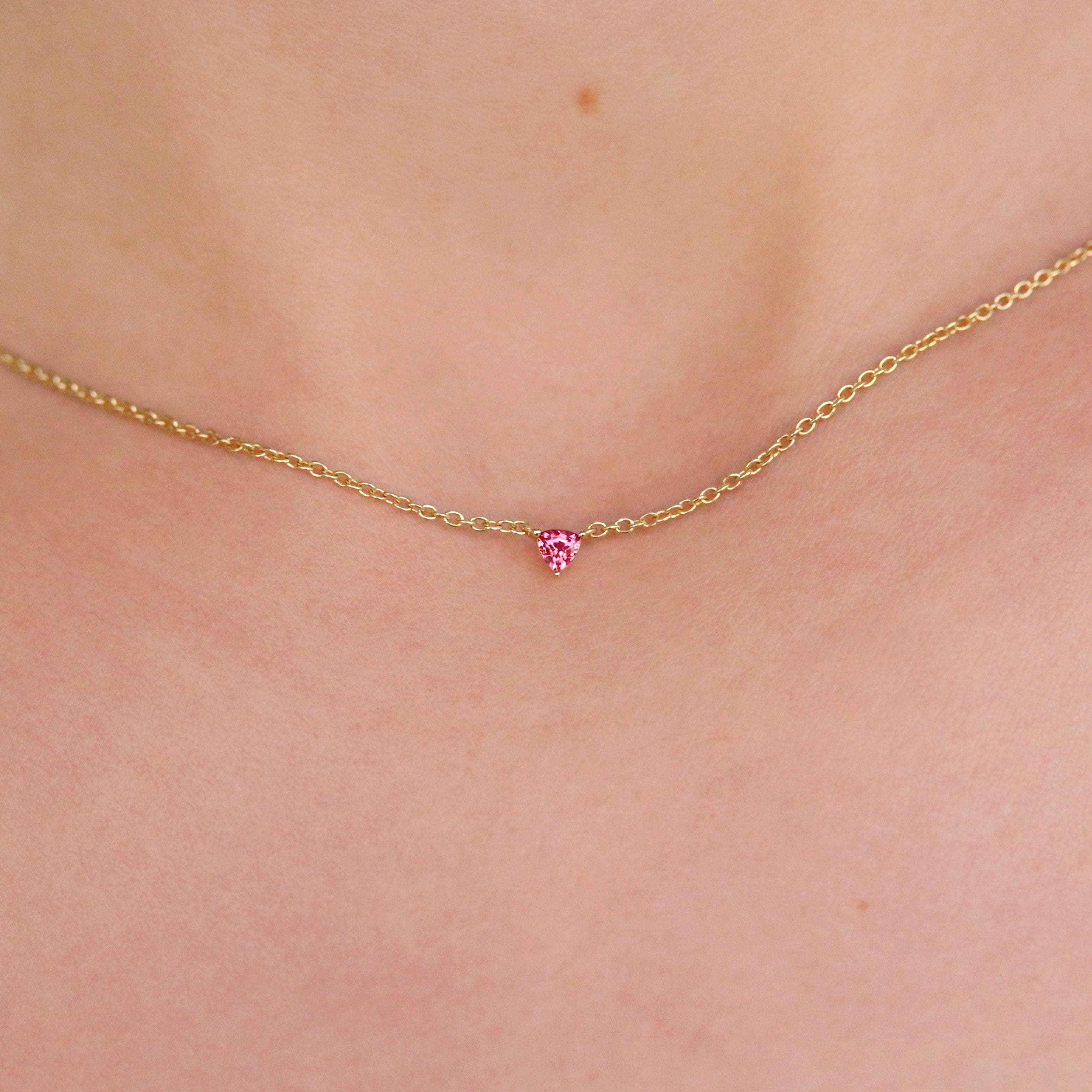 The January Tiny Trillion Birthstone Necklace with Padparadscha Sapphire in Yellow Gold - Image 2