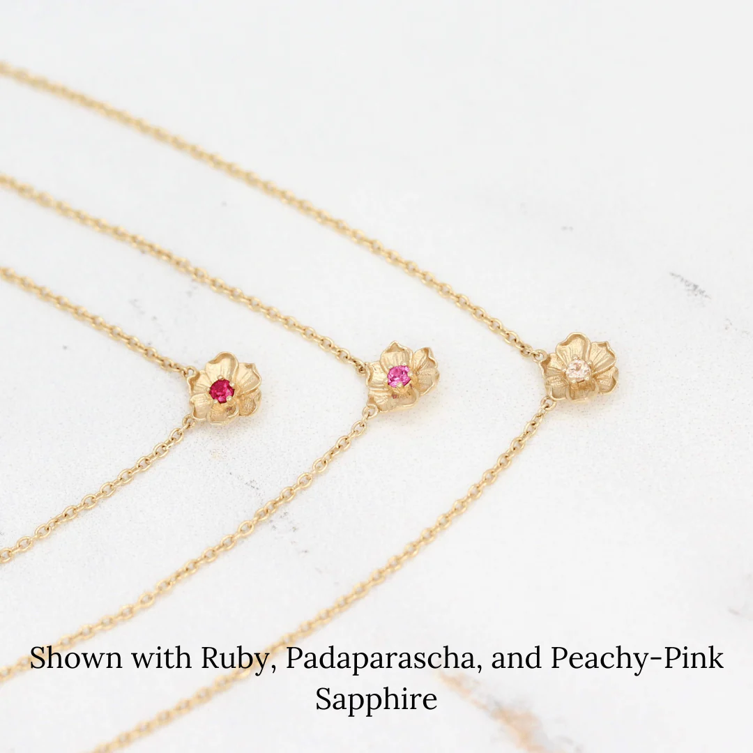 The October Poppy Birthstone Necklace with Peachy-Pink Sapphire in Yellow Gold - Image 6