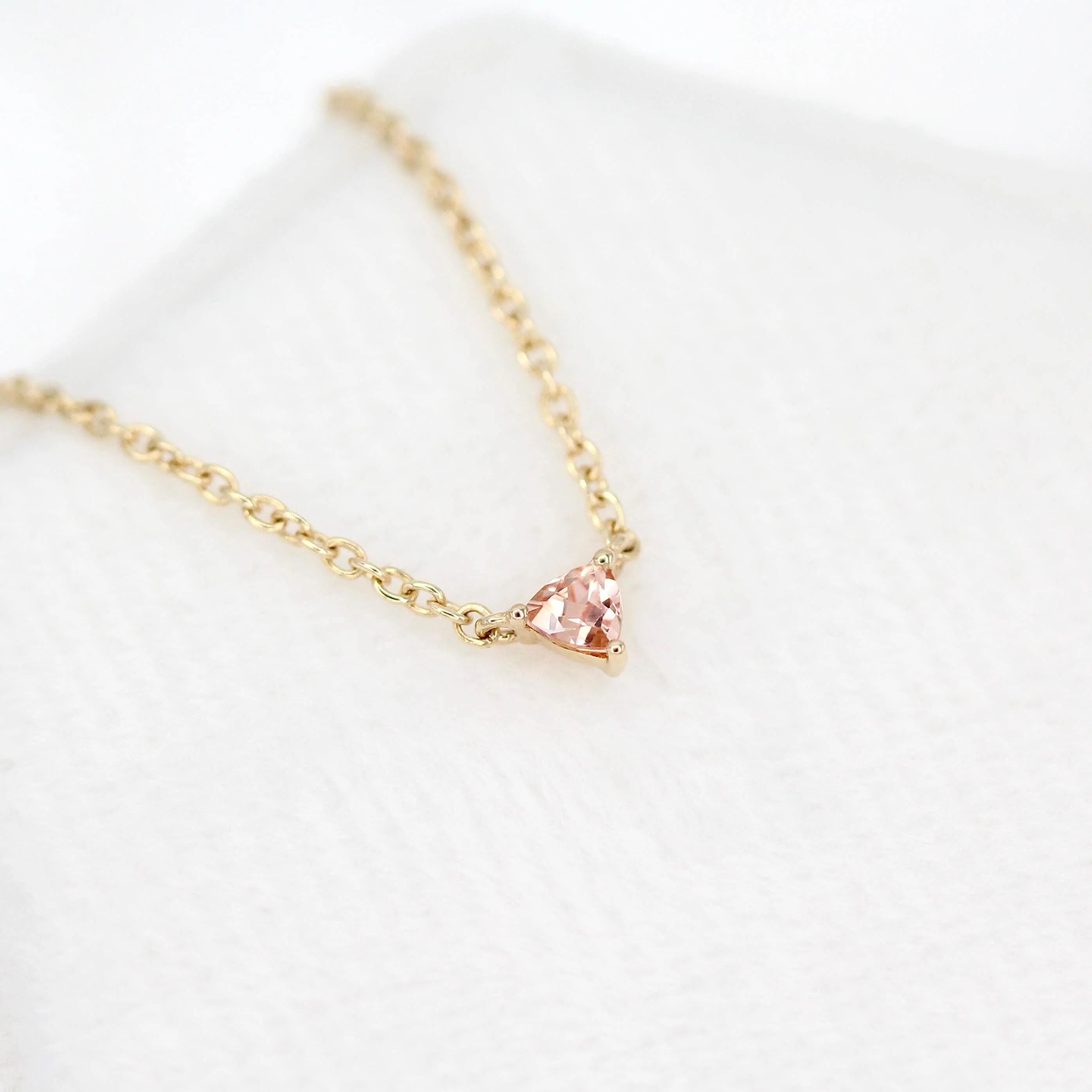 The October Tiny Trillion Birthstone Necklace with Peachy-Pink Sapphire in Yellow Gold - Image 4